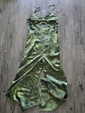 Sugarlips Green Floral Satin Jumpsuit Spaghetti Straps Bow M